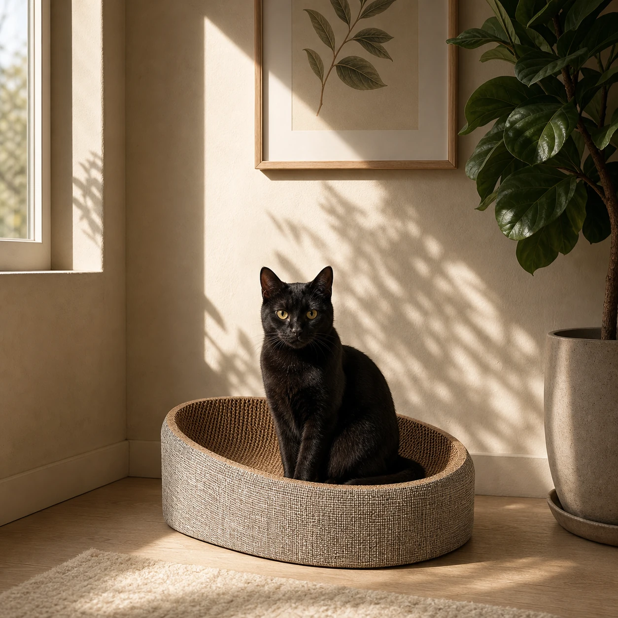 Chat noir installé dans un griffoir couchage ovale en carton