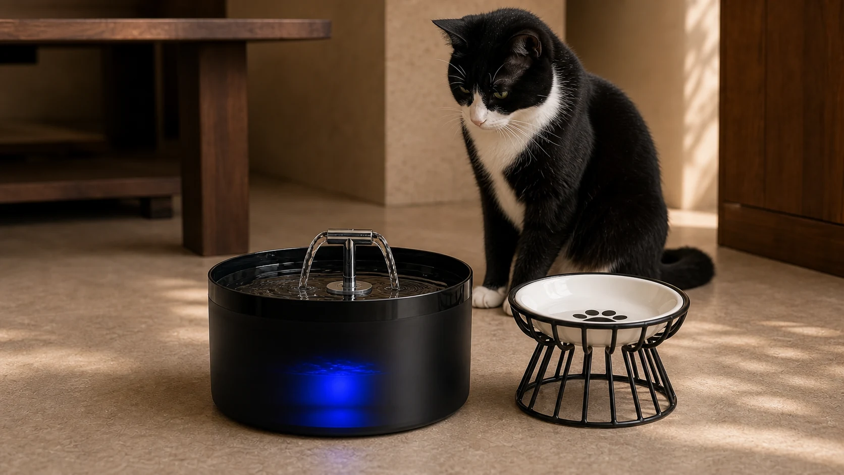 Chat près de son espace repas aménagé