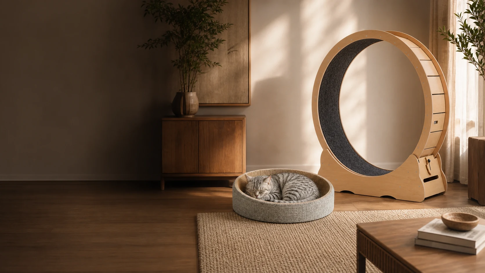 Chat installé dans son couchage ovale près d’une roue d’exercice en bois dans le salon